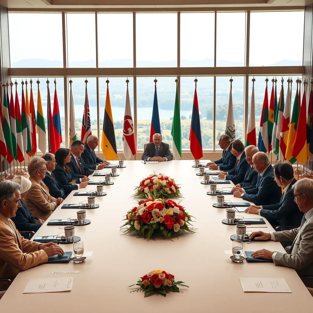A grand conference table surrounded by various world leaders and presidents from different countries, all sitting together in a harmonious atmosphere