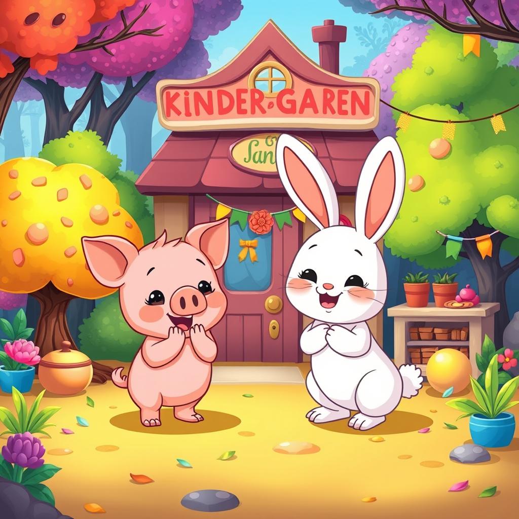 In a vibrant forest kindergarten setting, a cheerful little pig and an adorable white rabbit are bowing politely in a gesture of gratitude