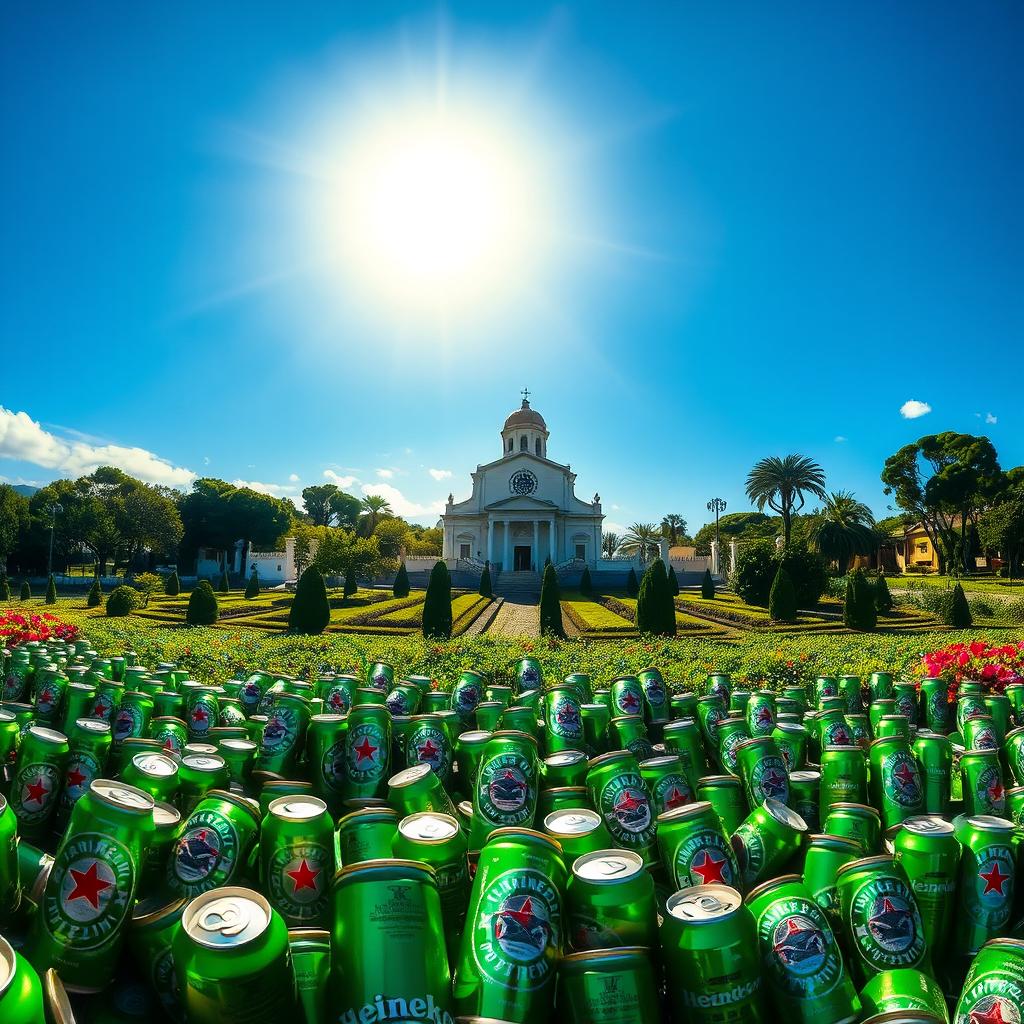 A vivid depiction of the Sanctuary of Fátima, a significant religious monument in Portugal, surrounded by numerous green Heineken cans scattered throughout the landscape