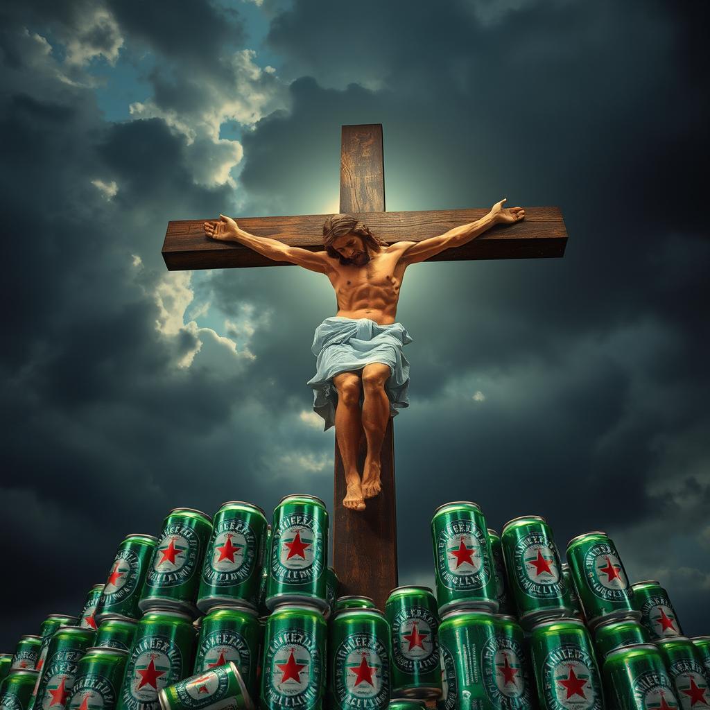 A dramatic and powerful depiction of Jesus Christ on the cross, surrounded by multiple Heineken beer cans