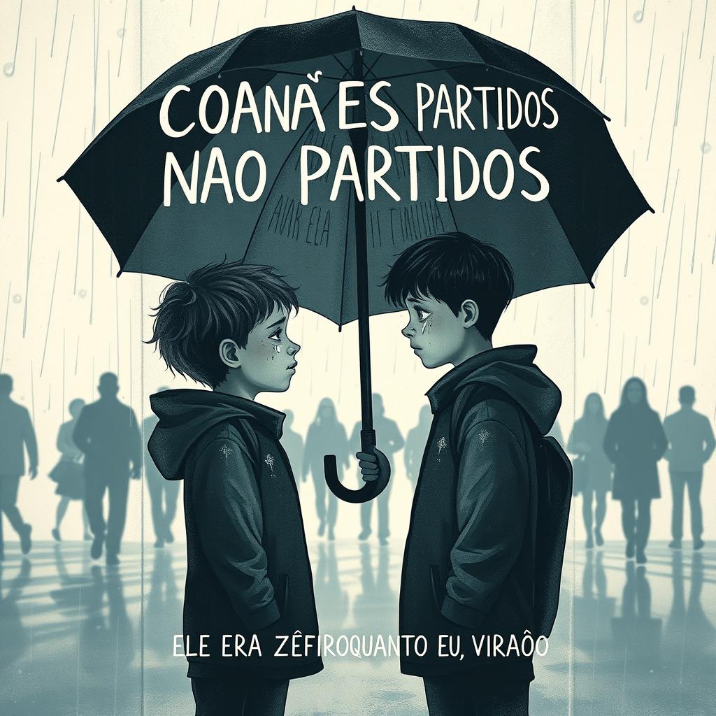 A5 book cover featuring a poignant scene of two boys standing face to face, each with tear-streaked faces as they gaze into each other’s eyes