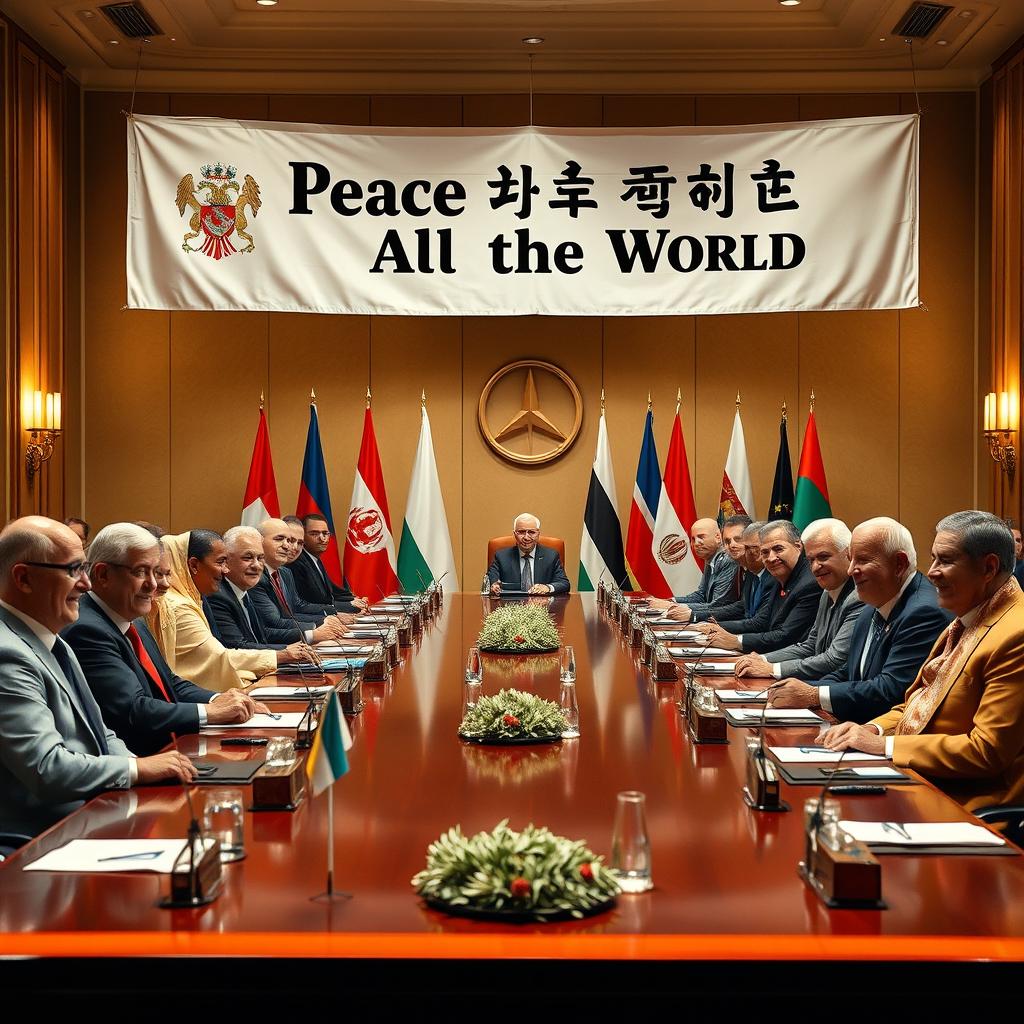A grand conference table where various world leaders and presidents from different countries sit together in a peaceful and friendly atmosphere