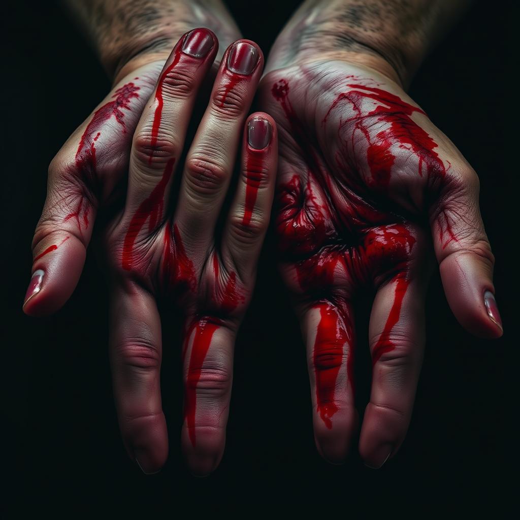 A haunting close-up of a pair of hands stained with bright red blood, showcasing intricate details in the skin texture, veins, and the vividness of the blood