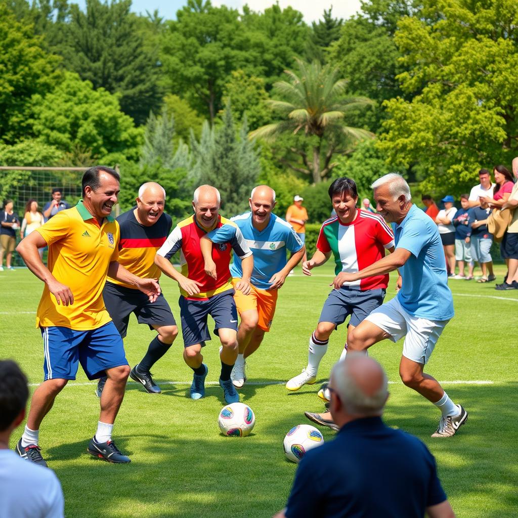 A lively scene where world leaders and presidents are joyfully playing football (soccer) on a sunny day in a spacious park