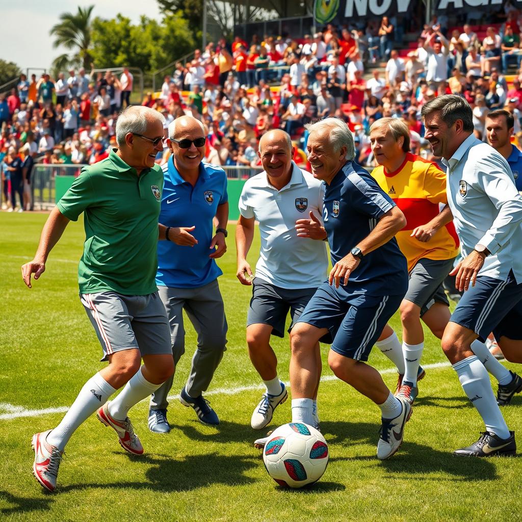 A vibrant scene capturing world leaders and presidents playfully engaged in a friendly game of football (soccer)