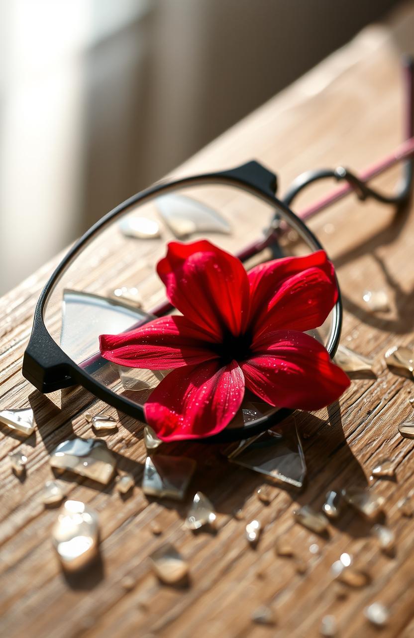 A close-up composition of broken eyeglasses on a textured wooden table, with a vibrant red flower delicately positioned amidst the shattered glass pieces