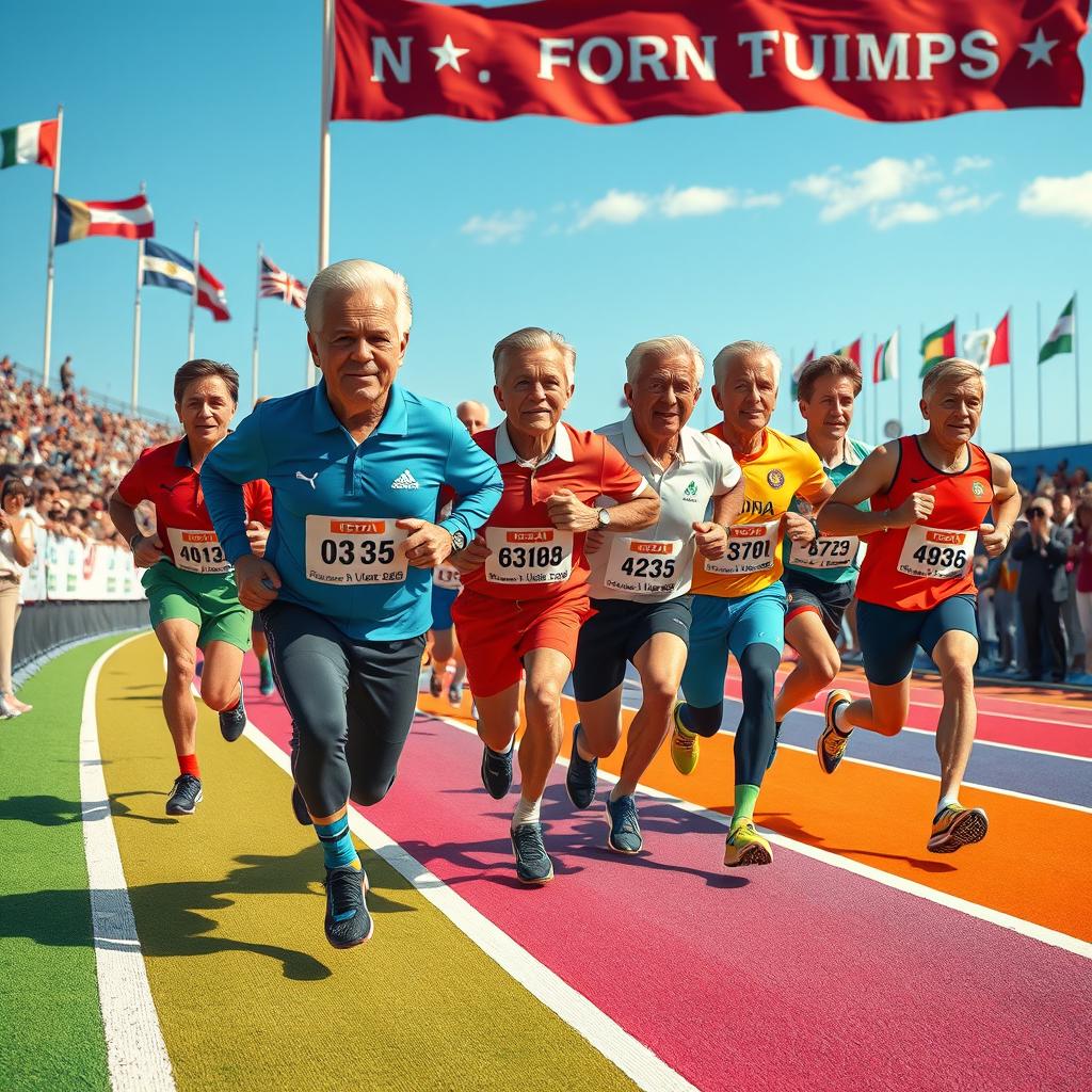 A dynamic scene depicting world leaders and presidents participating in an exciting running race