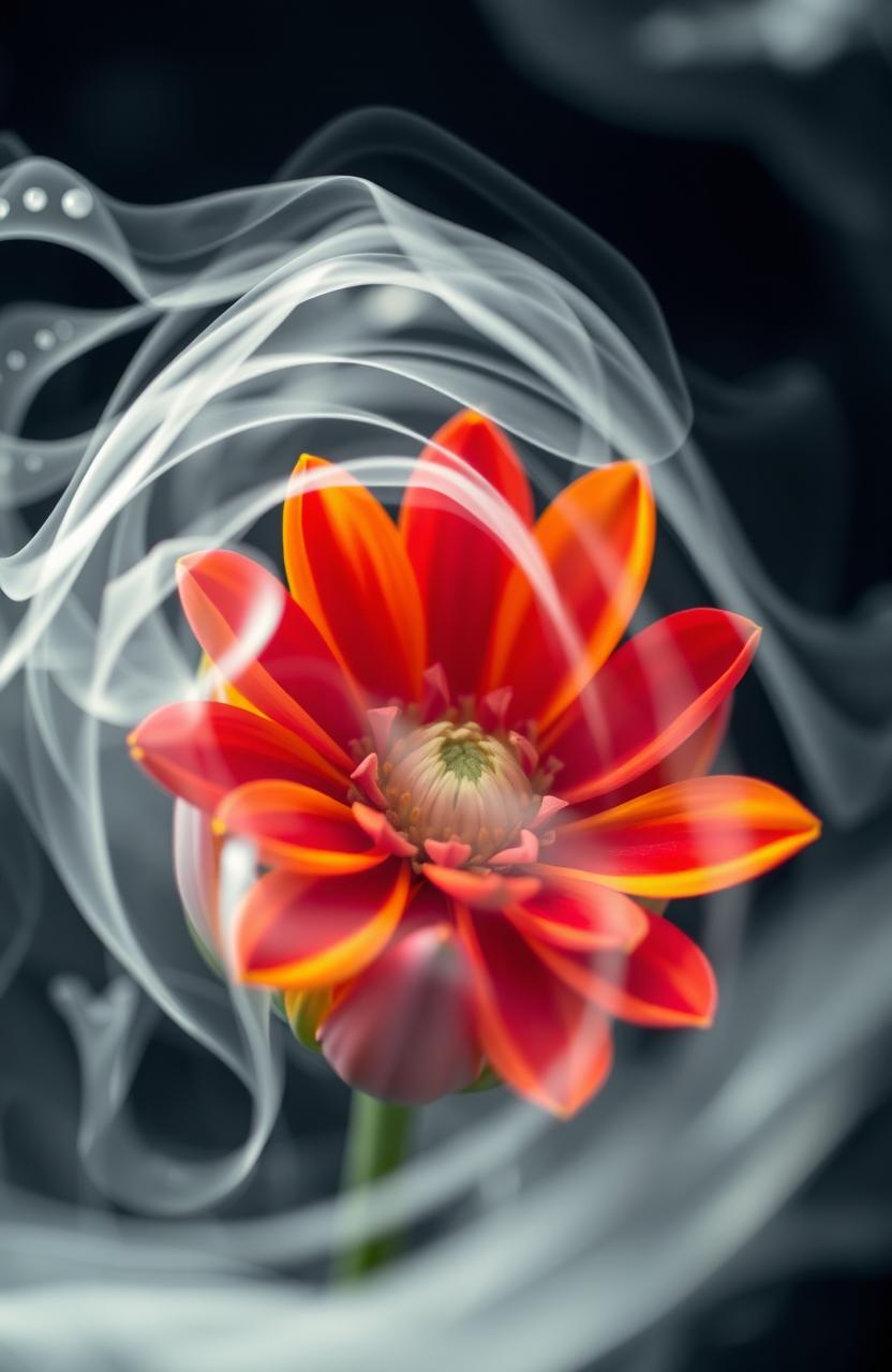A stunning close-up of a colorful flower, its petals vibrant and fresh, beautifully contrasting against wisps of delicate, swirling smoke that gracefully envelops it
