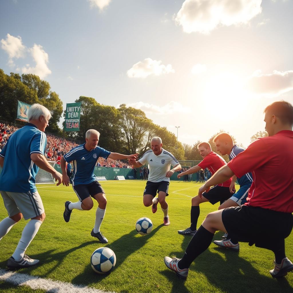 An inspiring scene illustrating the concept of teamwork in sports, featuring world leaders and presidents playing football (soccer) together on a bright, sunny day