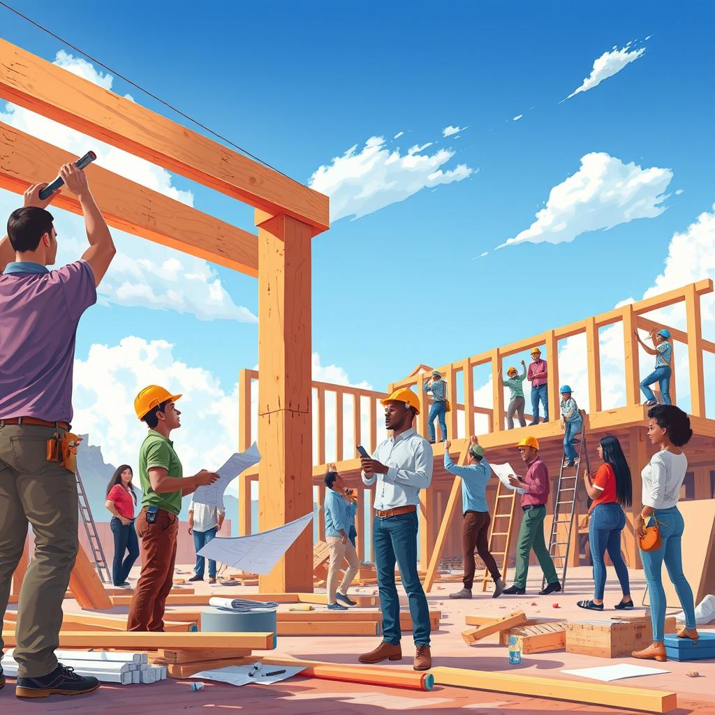 A compelling illustration of teamwork showcasing a diverse group of people collaboratively working on a construction project
