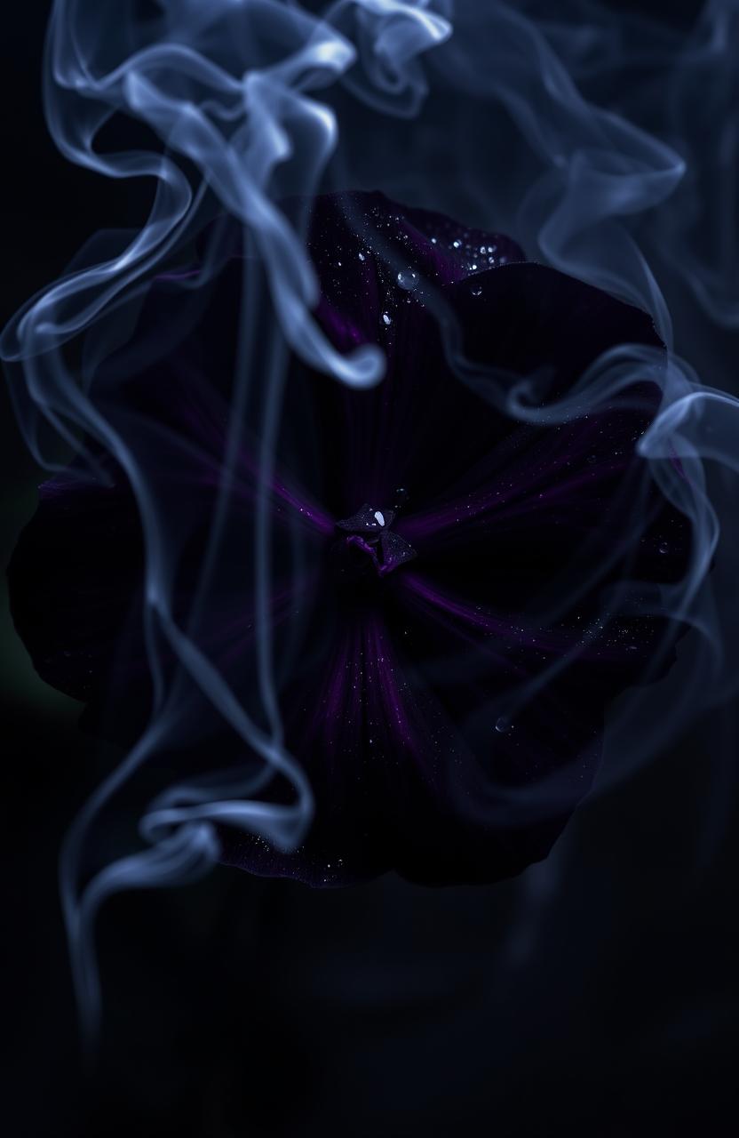 A dark, mysterious flower surrounded by swirling smoke, the petals deep purple and black with glistening dew, creating an ethereal atmosphere
