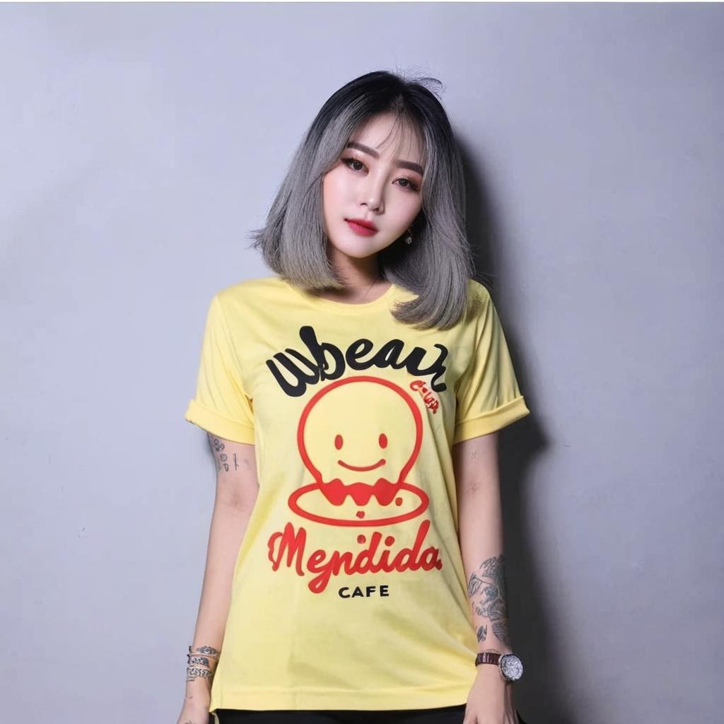 Ubah warna baju menjadi hitam polos dan ubah background menjadica cafe.