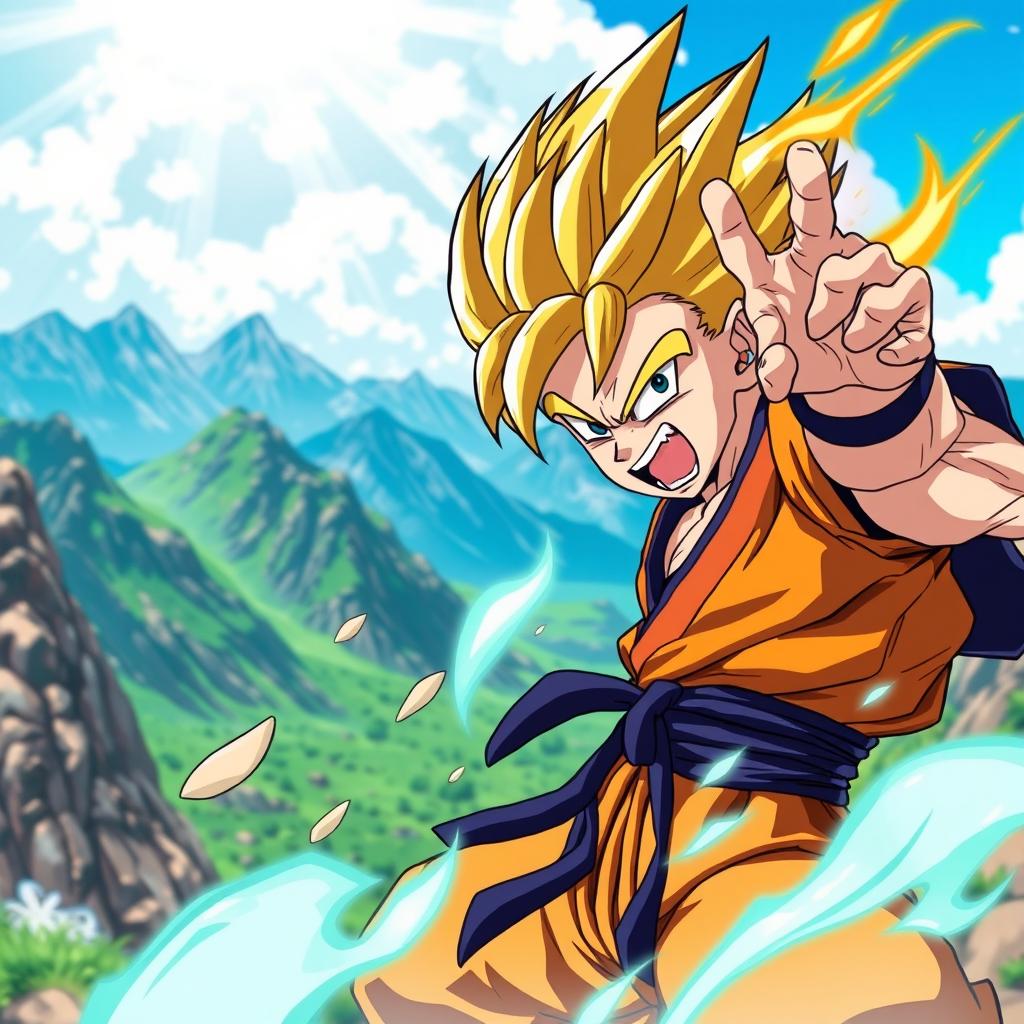 A vibrant and dynamic anime scene inspired by Dragon Ball, featuring a fierce and powerful warrior with spiky hair and an intense expression, dressed in a colorful martial arts gi