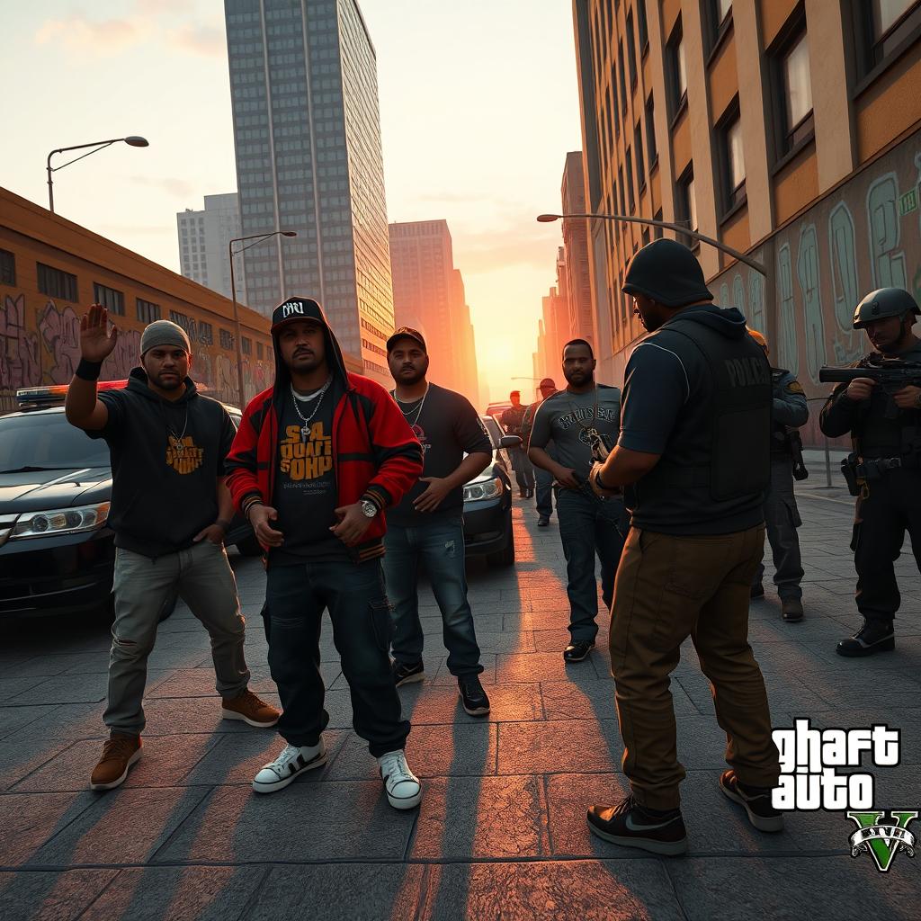 An intense scene inspired by Grand Theft Auto V roleplay, featuring a standoff between gang members and police in an urban setting