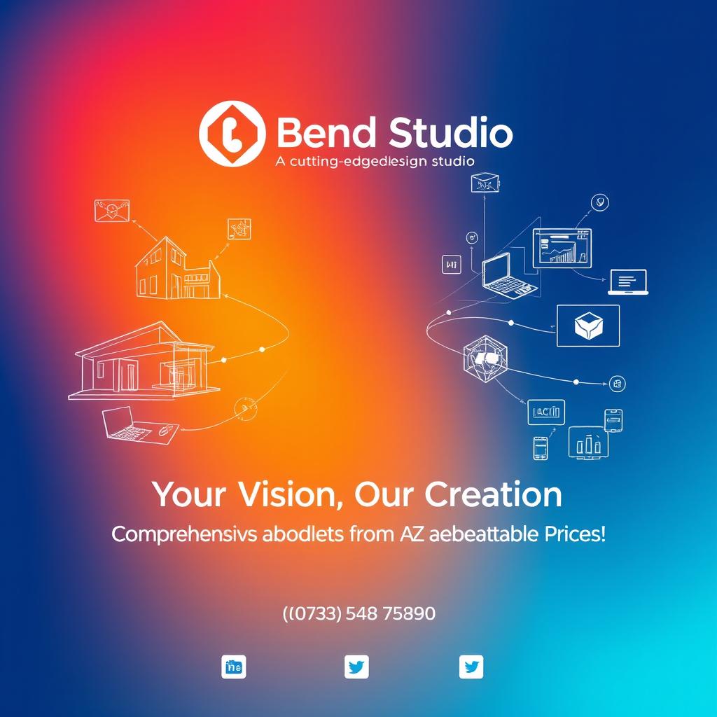 A creative poster showcasing a cutting-edge design studio specializing in building brand identity, architectural and interior design, programming, and website design