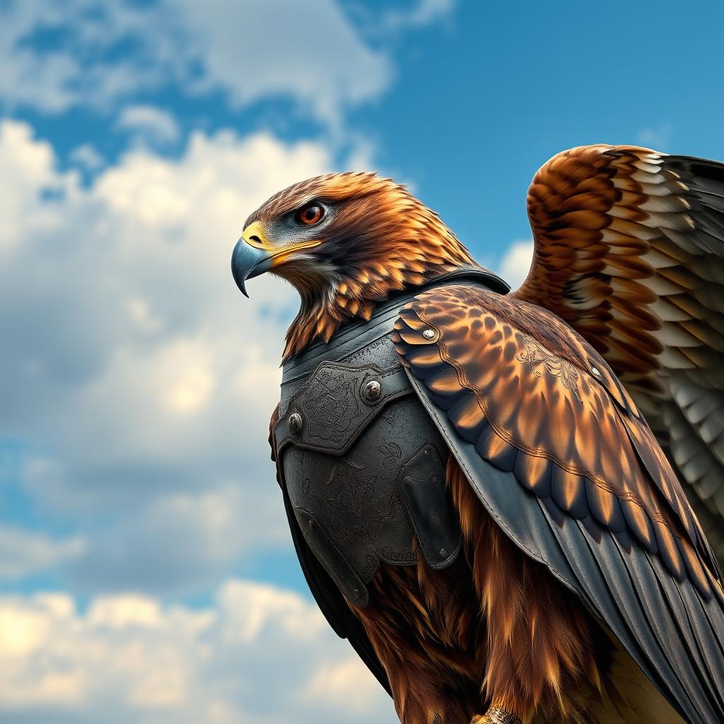 A magnificent female Harris's hawk adorned with a precision hammer in its talons, wearing intricately designed leather armor that fits perfectly around its powerful body