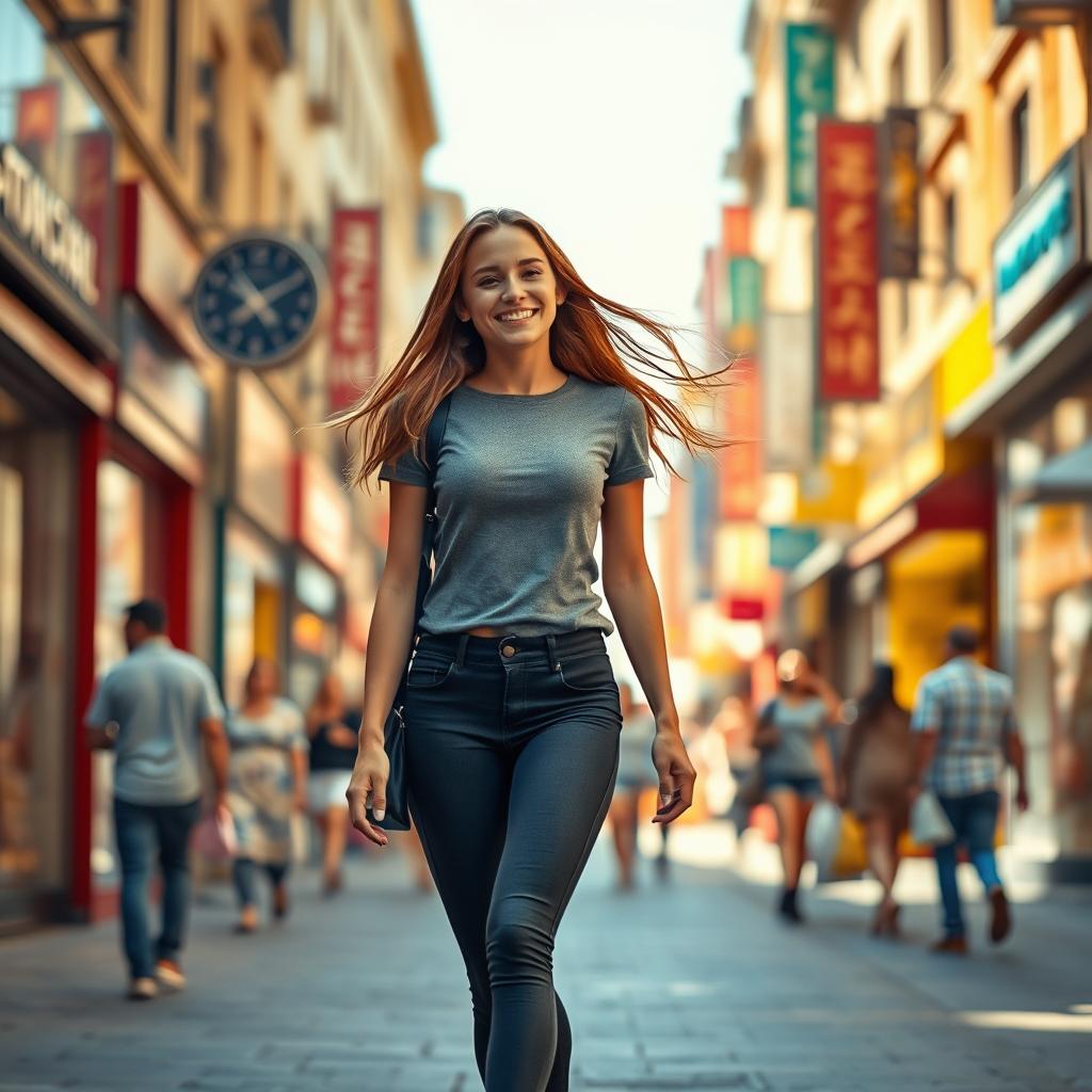 A girl confidently walks down a vibrant city street, wearing stylish, form-fitting leggings that accentuate her figure