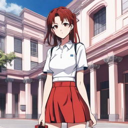 Anime-styled girl inspired by Jujutsu Kaisen with medium-length straight brown hair, grey eyes, pale skin, rosy lips. She stands in front of a building, stylishly clad in a white crop top and a vibrant red tennis skirt.