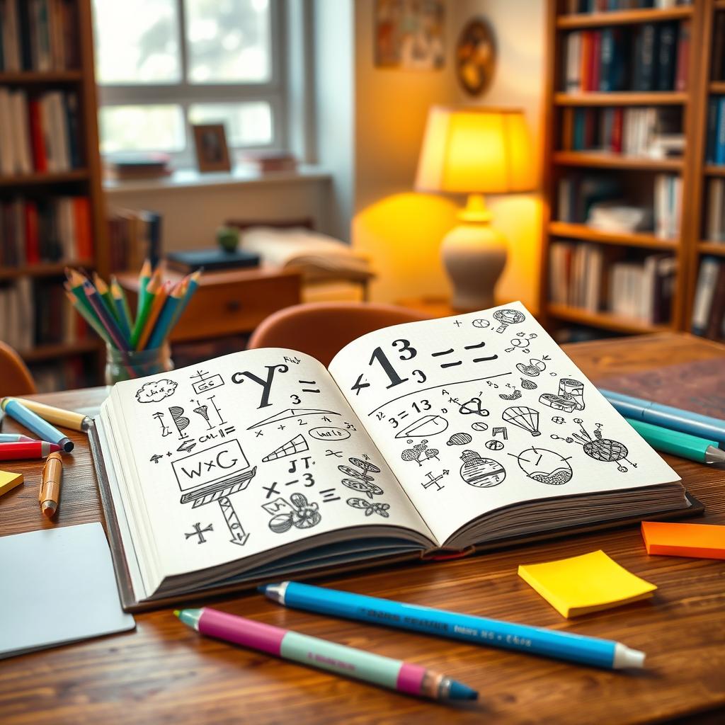 A visually striking representation of the mathematical formula is shown in a beautifully designed notebook open on a wooden desk, surrounded by colorful stationery such as pens and sticky notes