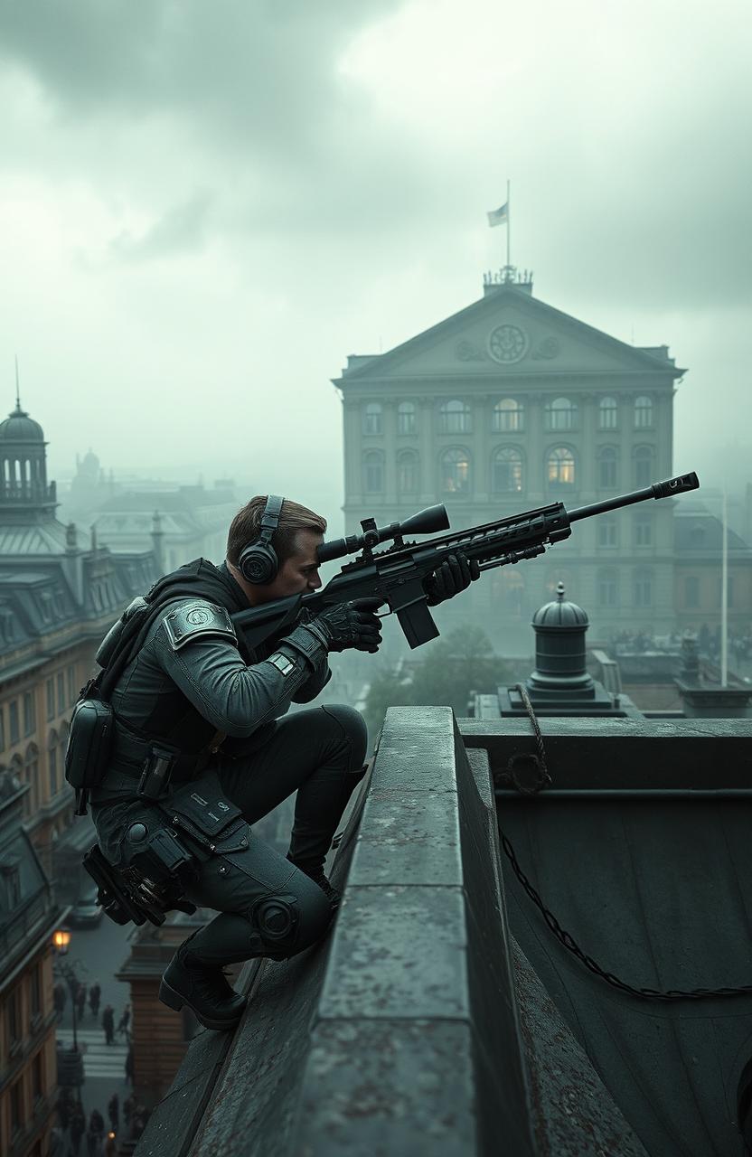 A dramatic scene depicting a time-traveling sniper crouched on a rooftop, aiming carefully through the scope of a high-tech sniper rifle