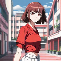 Anime-styled girl inspired by Jujutsu Kaisen with medium-length straight brown hair, grey eyes, pale skin, rosy lips. She stands in front of a building, stylishly clad in a white crop top and a vibrant red tennis skirt.