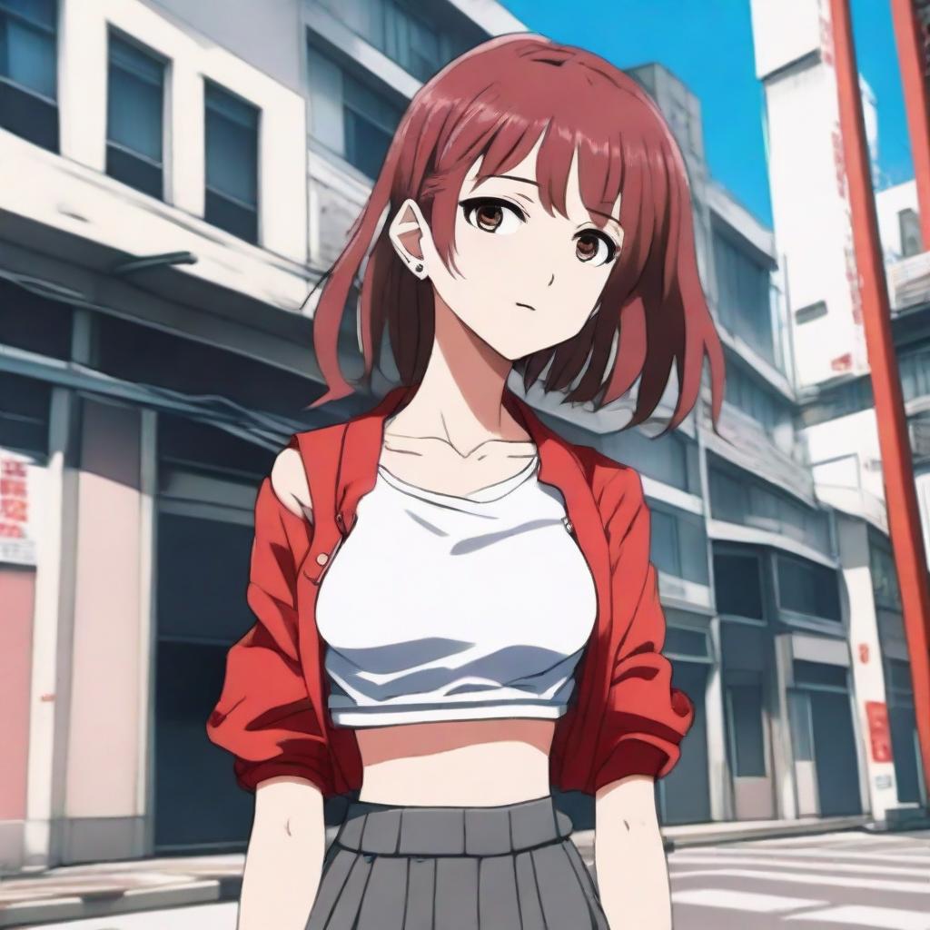 Anime-styled girl inspired by Jujutsu Kaisen with medium-length straight brown hair, grey eyes, pale skin, rosy lips. She stands in front of a building, stylishly clad in a white crop top and a vibrant red tennis skirt.