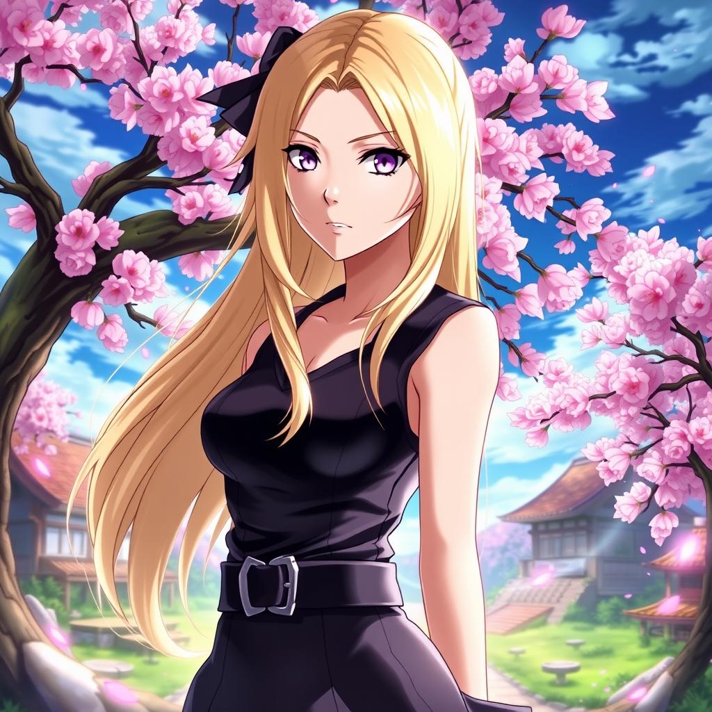 A stunningly detailed portrait of Ino Yamanaka from Naruto Shippuden, showcasing her unique features such as long, blonde hair, purple eyes, and a graceful demeanor