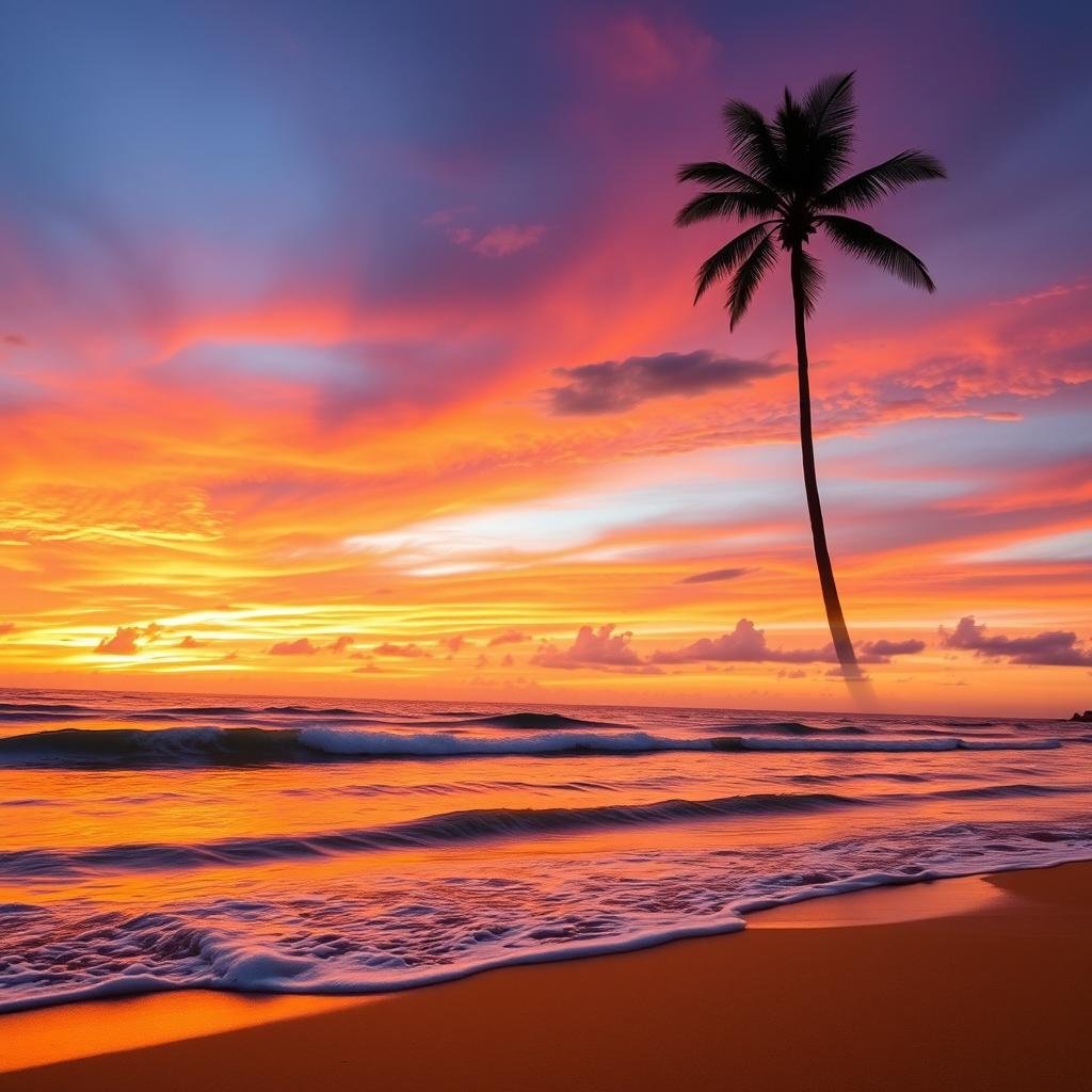 A stunning sunset beach scene, with gentle waves lapping at the shore, golden sand, and a vivid sky painted in hues of orange, pink, and purple