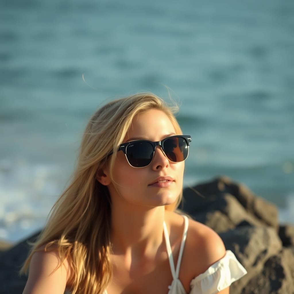 A young 22-year-old blonde woman, standing at 1