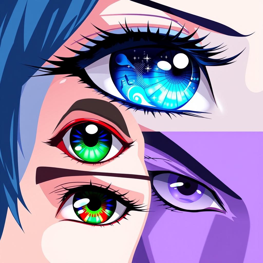 A stylish anime-inspired image composed of four eyes