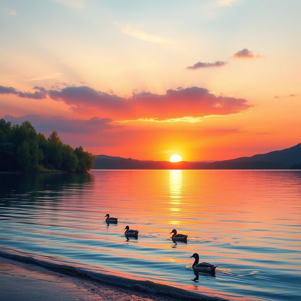 A serene and picturesque landscape depicting a vibrant sunset over a tranquil lake, surrounded by lush green trees and distant mountains