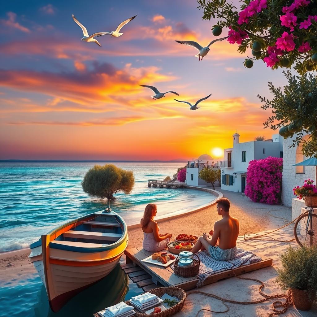 For a vibrant Greek island scene, imagine a picturesque coastal village with charming whitewashed houses adorned with colorful bougainvillea