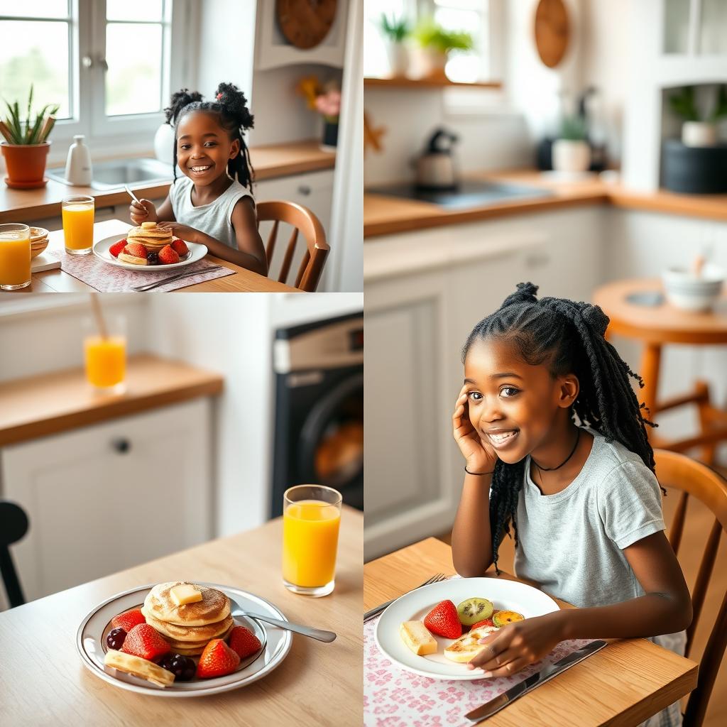 A series of three images featuring a Black girl in a cozy kitchen setting