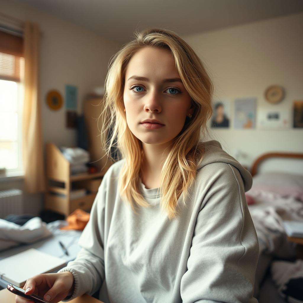 A 22-year-old woman with blonde hair, round face, and a neutral, slightly tired expression, sits in her simple yet lived-in bedroom