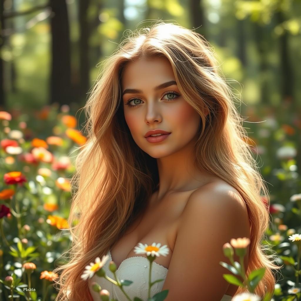 A serene young woman in a peaceful, natural setting, surrounded by soft greenery and flowers, basking under dappled sunlight