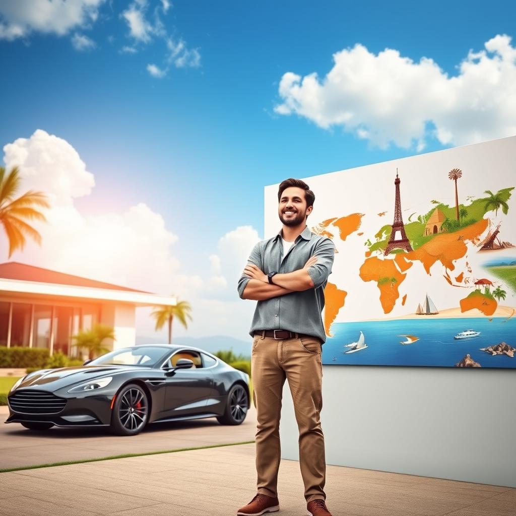 A motivational scene depicting a person in their mid-30s, standing confidently with a bright smile and arms crossed, looking towards a horizon filled with diverse landscapes symbolizing their dreams