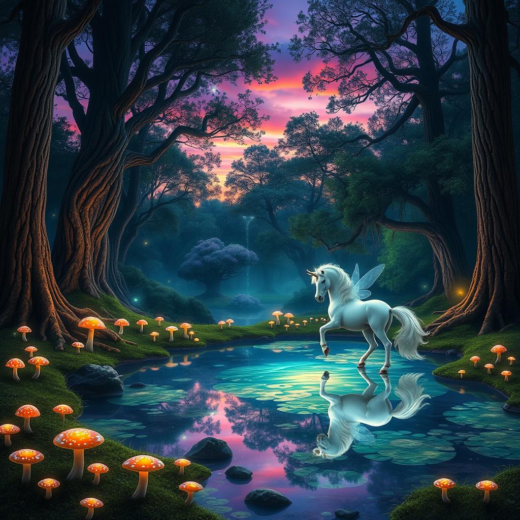A stunning fantasy landscape depicting a magical forest bathed in twilight