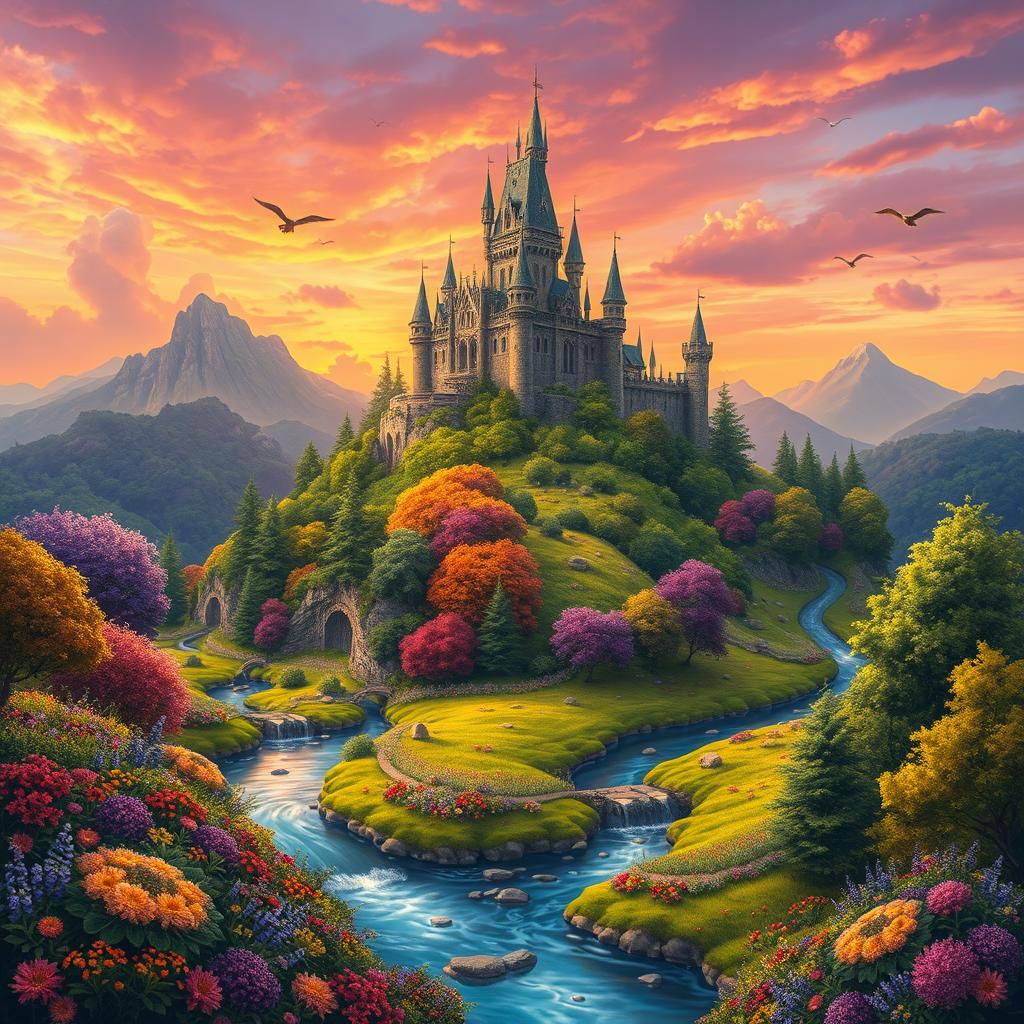 A beautifully detailed and vibrant fantasy landscape featuring a majestic castle atop a hill surrounded by lush green forests and colorful wildflowers