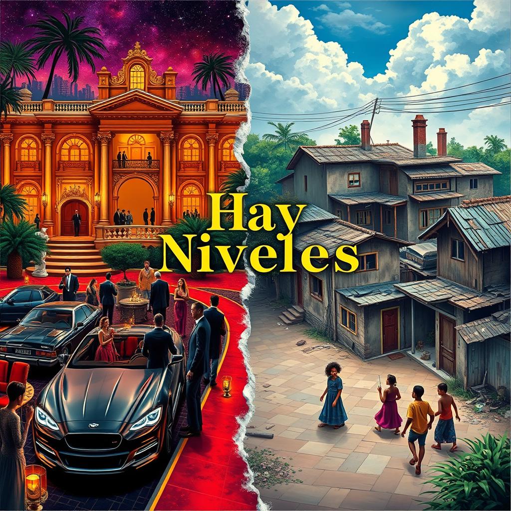A vivid book cover for a novel titled 'Hay Niveles', exploring themes of rich and poor