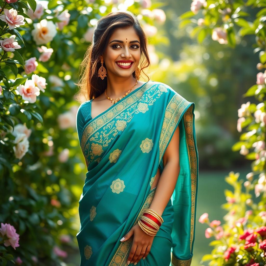 A stunning Indian woman gracefully draped in a vibrant teal saree with intricate gold embroidery