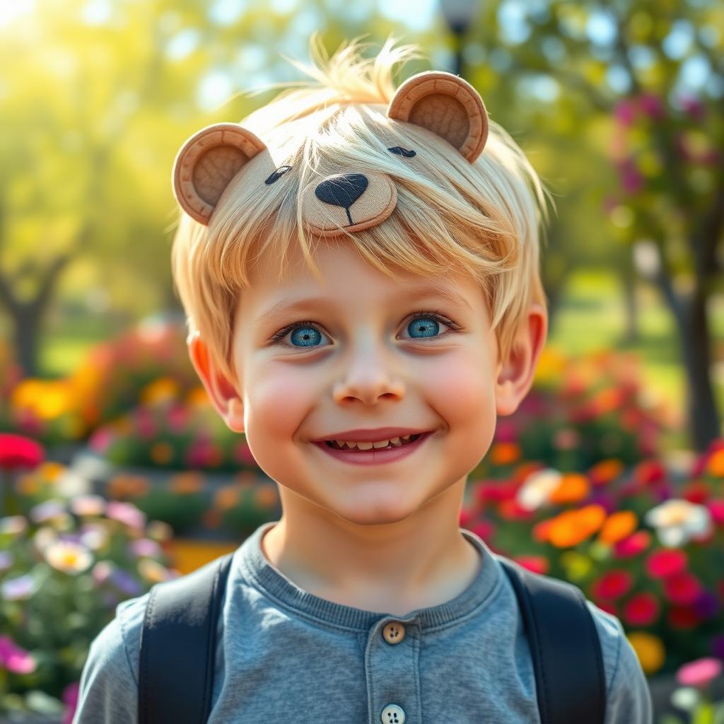 A young blonde boy with short hair and striking blue eyes wearing a playful bear mask