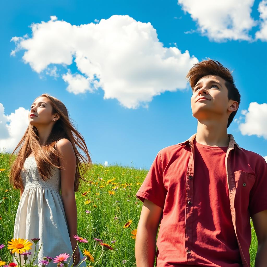 A young man standing confidently in the foreground, gazing towards the horizon with an intense expression