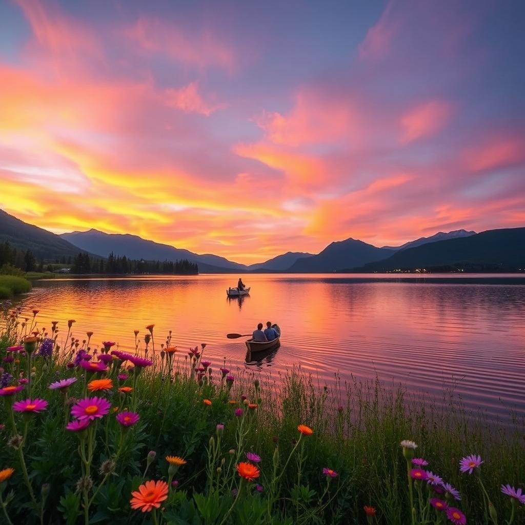 A serene landscape featuring a tranquil lake surrounded by lush greenery and majestic mountains in the background