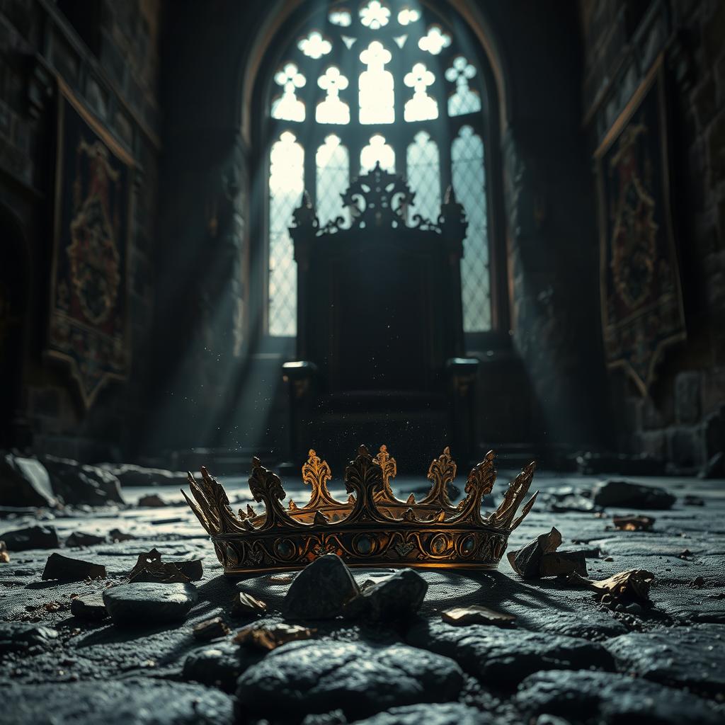 A dramatic scene featuring a shattered crown lying on the cold, rough stones of a grand throne room within an ancient castle