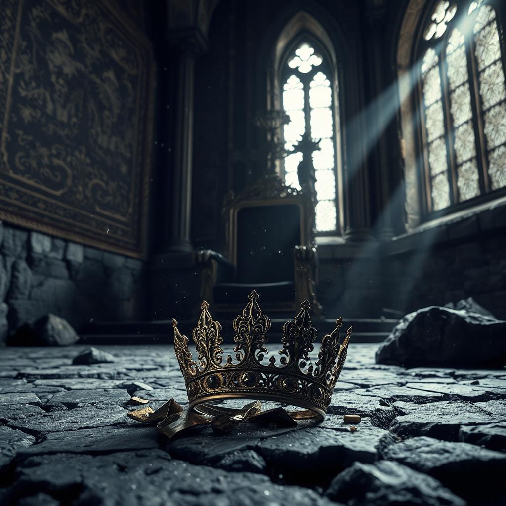 A dramatic scene featuring a shattered crown lying on the cold, rough stones of a grand throne room within an ancient castle