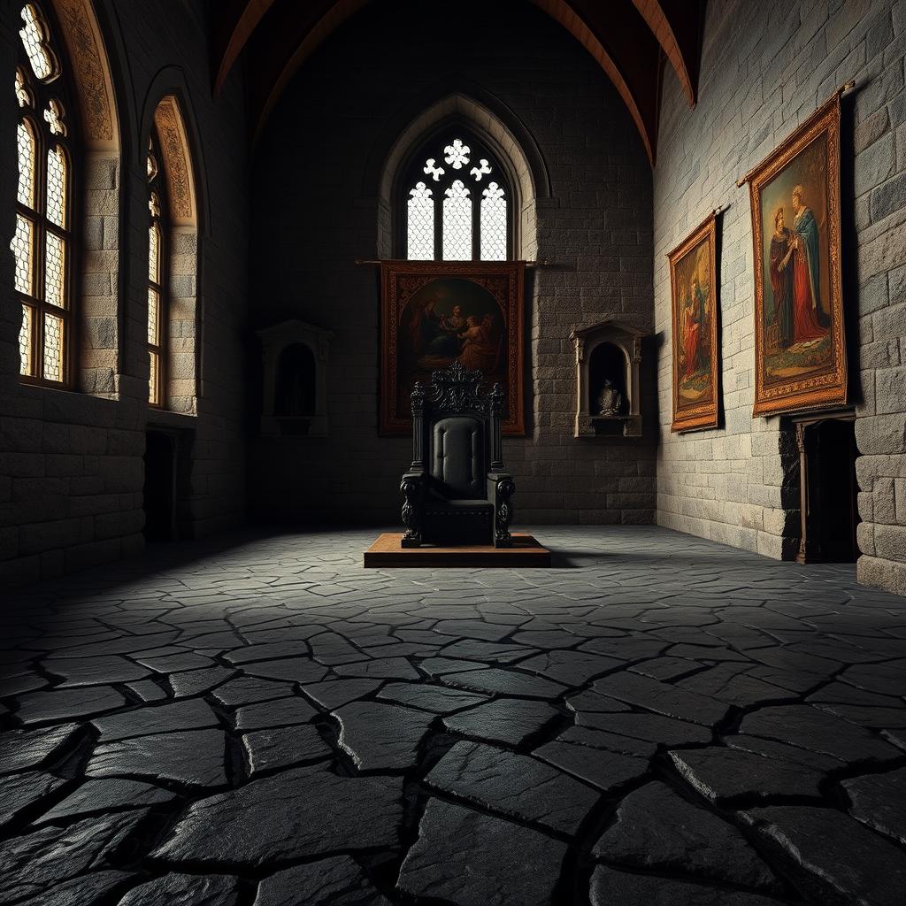 A captivating throne room in a majestic castle, featuring high, imposing stone walls that exude a sense of grandeur and history