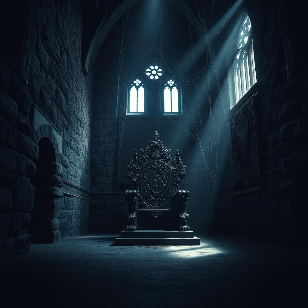 A dark and atmospheric throne room in an ancient castle, characterized by its high stone walls and a dimly lit ambiance