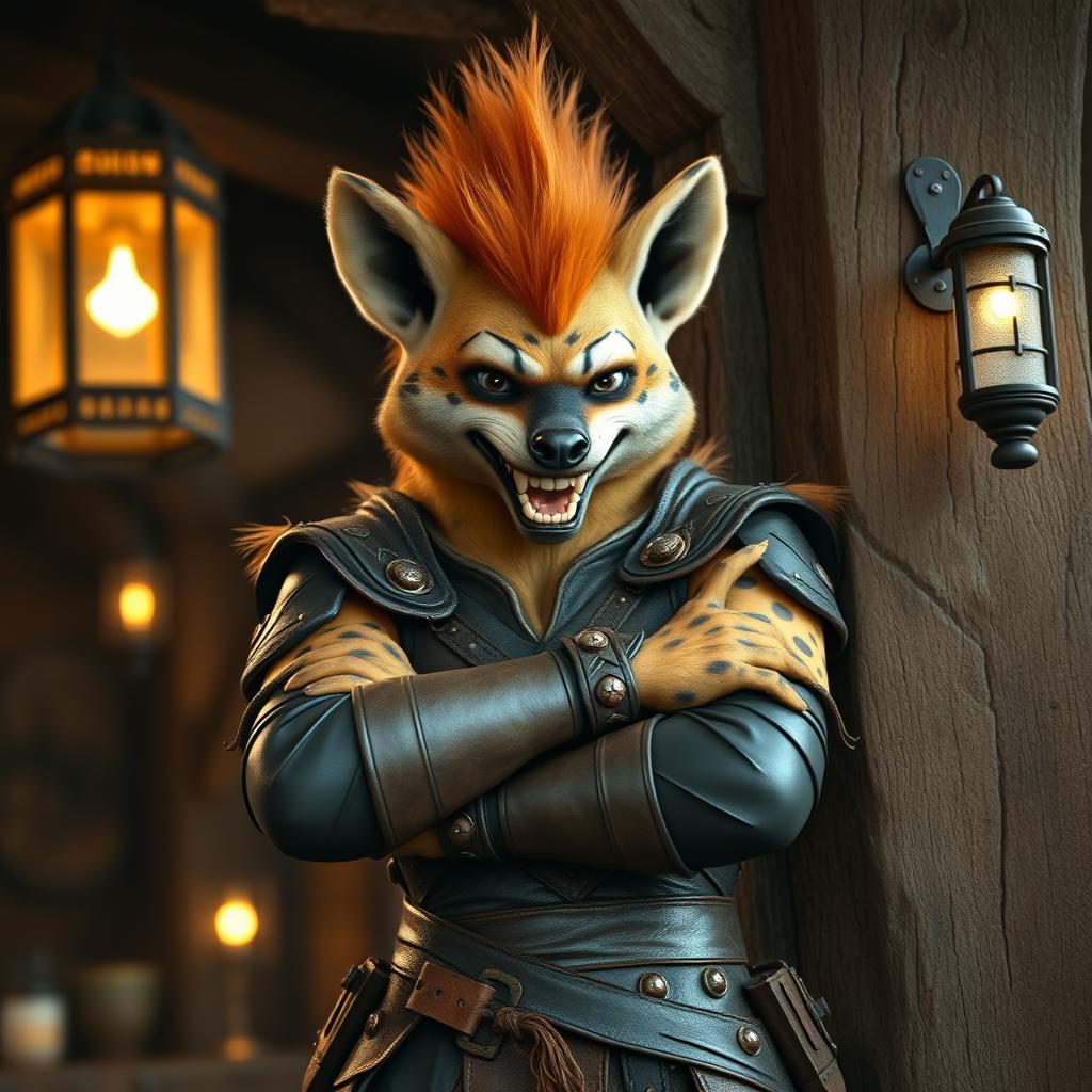 A fierce female humanoid hyena warrior with tan spotted fur and an eye-catching orange mohawk