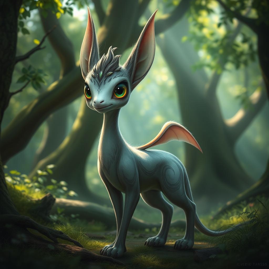 A fantasy creature, with large expressive rounded white eyes, standing majestically in a mystical forest