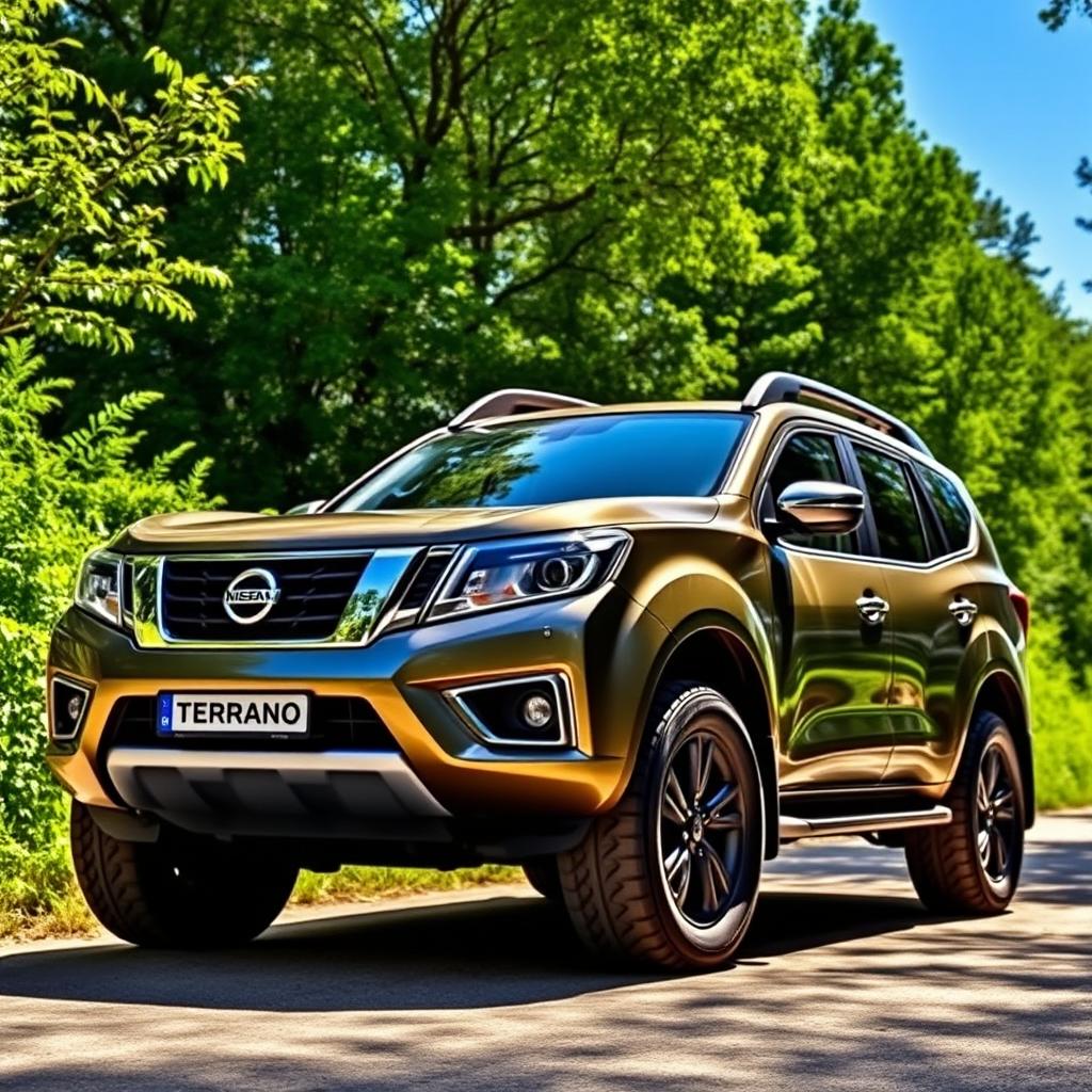 A stunning Nissan Terrano Z24, parked in a lush green forest setting, showcasing its rugged design and bold stance